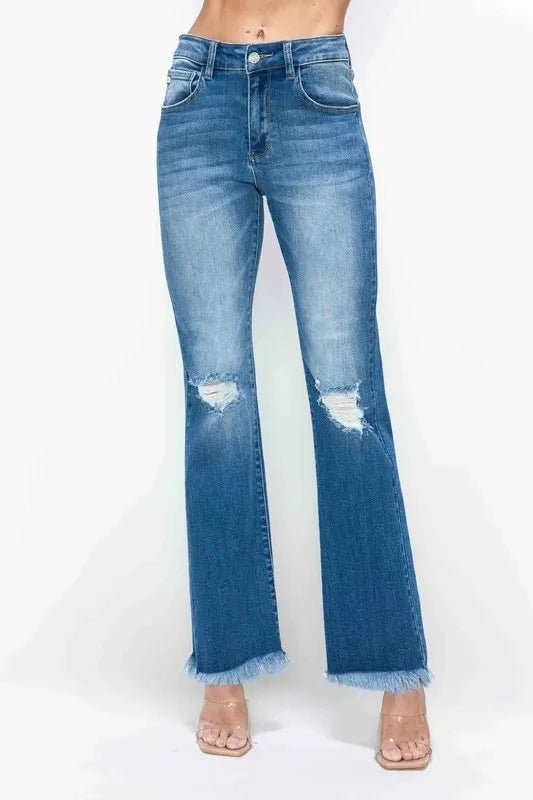 bytos Full Size Raw Hem Distressed High Rise Bootcut Jeans - Trendsi