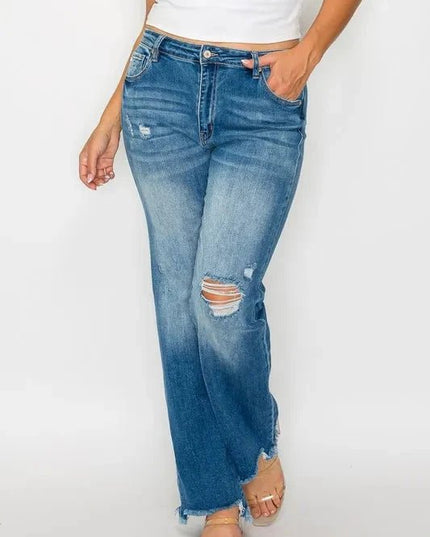 bytos Full Size Raw Hem Distressed Mid Rise Straight Jeans - Trendsi