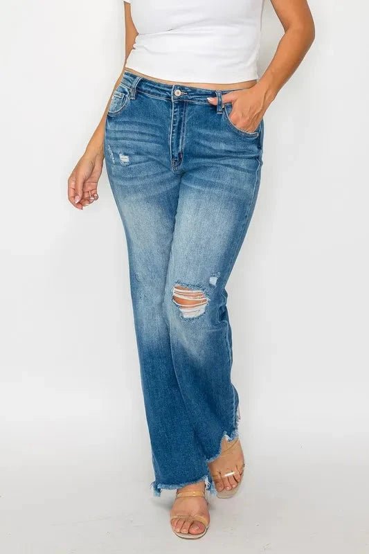 bytos Full Size Raw Hem Distressed Mid Rise Straight Jeans - Trendsi