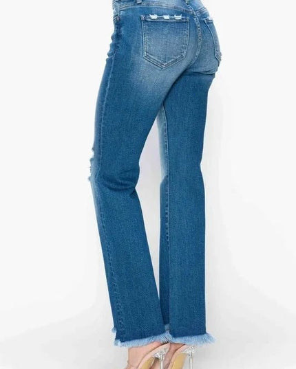 bytos Full Size Raw Hem Distressed Mid Rise Straight Jeans - Trendsi