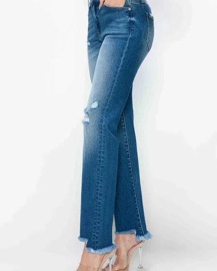 bytos Full Size Raw Hem Distressed Mid Rise Straight Jeans - Trendsi