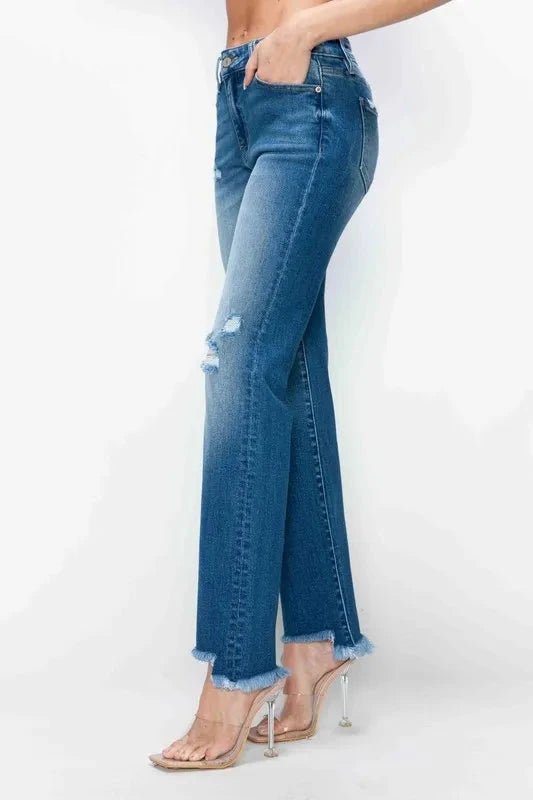 bytos Full Size Raw Hem Distressed Mid Rise Straight Jeans - Trendsi