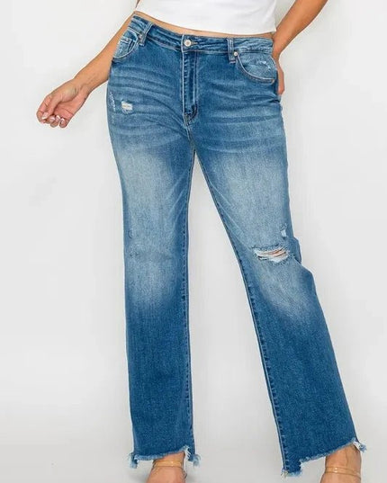 bytos Full Size Raw Hem Distressed Mid Rise Straight Jeans - Trendsi