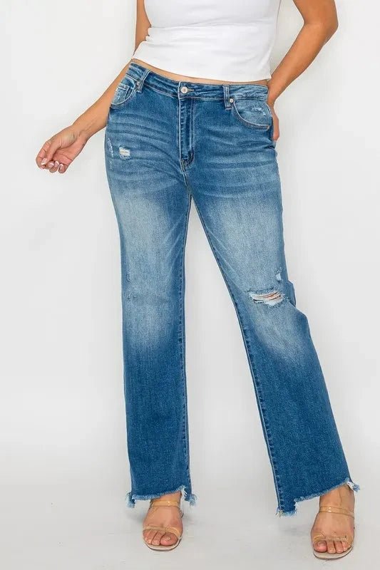 bytos Full Size Raw Hem Distressed Mid Rise Straight Jeans - Trendsi