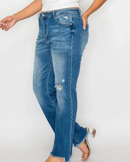 bytos Full Size Raw Hem Distressed Mid Rise Straight Jeans - Trendsi