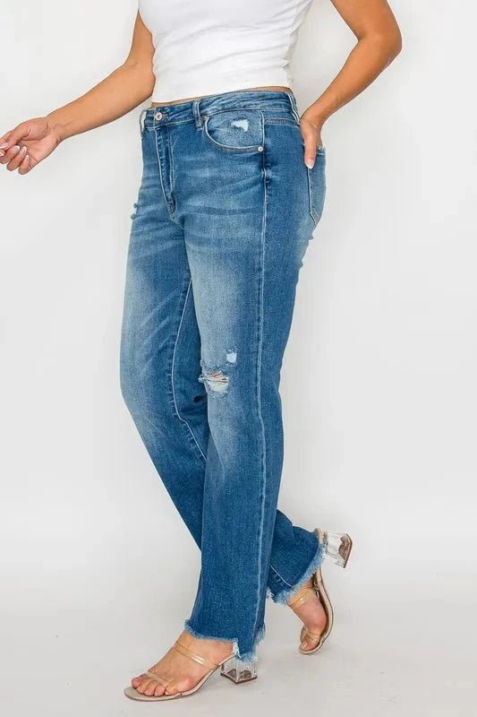 bytos Full Size Raw Hem Distressed Mid Rise Straight Jeans - Trendsi