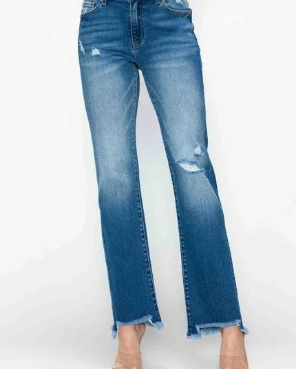 bytos Full Size Raw Hem Distressed Mid Rise Straight Jeans - Trendsi