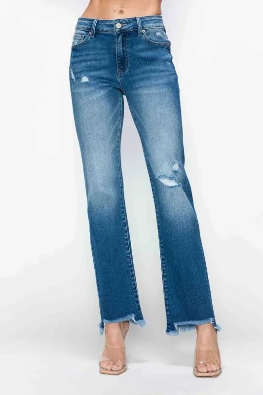 bytos Full Size Raw Hem Distressed Mid Rise Straight Jeans - Trendsi