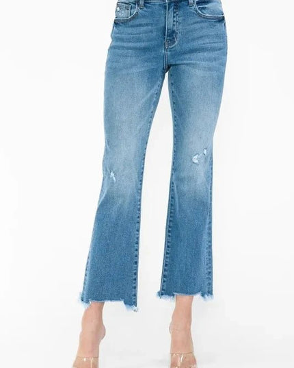 bytos Raw Hem Distressed Mid Rise Crop Jeans - Trendsi