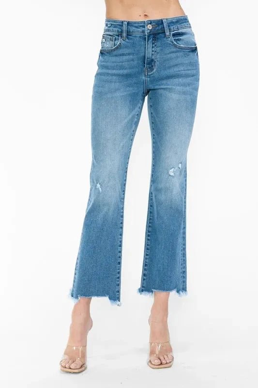 bytos Raw Hem Distressed Mid Rise Crop Jeans - Trendsi