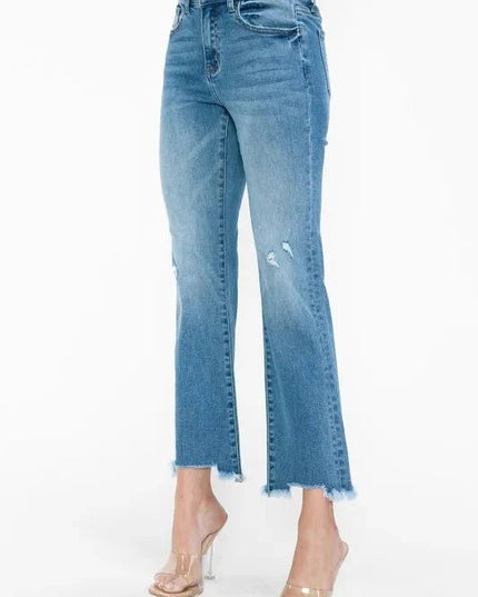bytos Raw Hem Distressed Mid Rise Crop Jeans - Trendsi