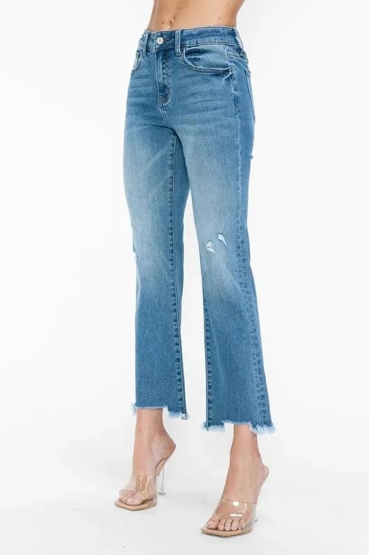 bytos Raw Hem Distressed Mid Rise Crop Jeans - Trendsi