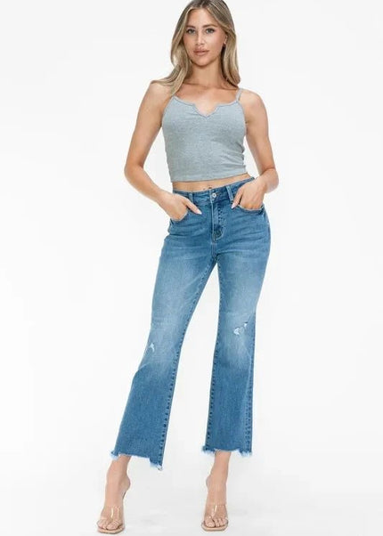 bytos Raw Hem Distressed Mid Rise Crop Jeans - Trendsi
