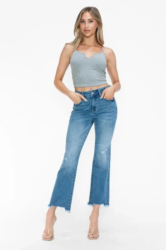 bytos Raw Hem Distressed Mid Rise Crop Jeans - Trendsi