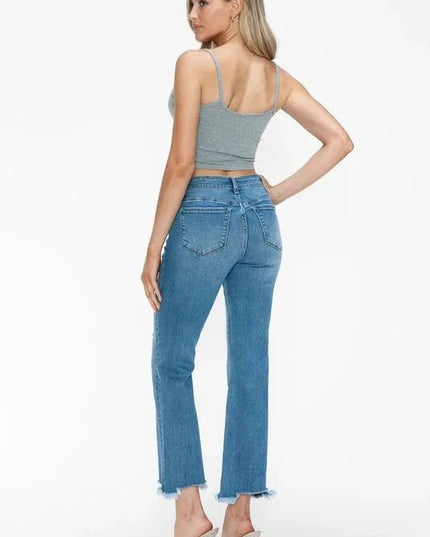 bytos Raw Hem Distressed Mid Rise Crop Jeans - Trendsi