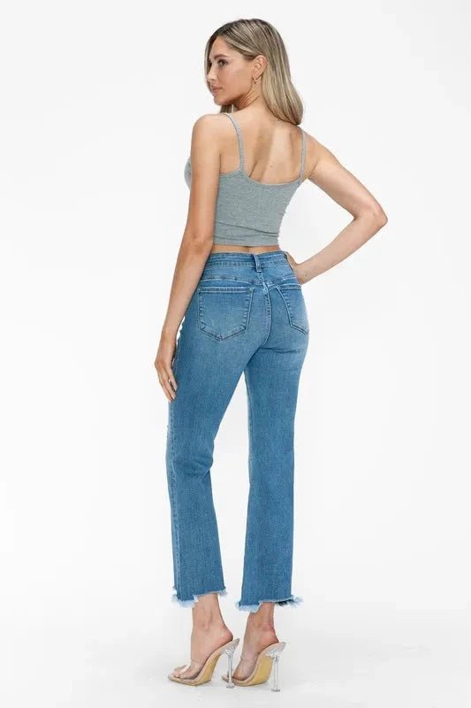 bytos Raw Hem Distressed Mid Rise Crop Jeans - Trendsi