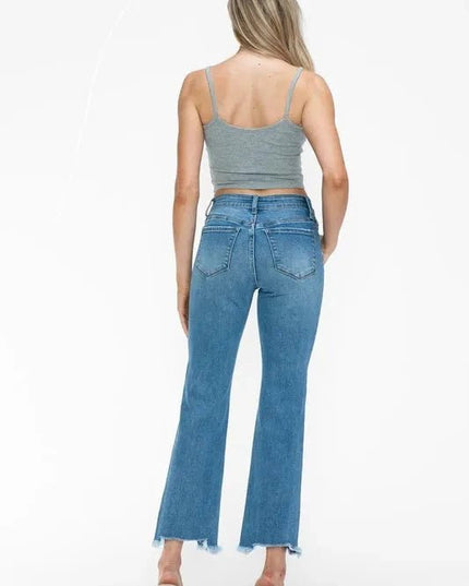 bytos Raw Hem Distressed Mid Rise Crop Jeans - Trendsi