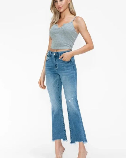 bytos Raw Hem Distressed Mid Rise Crop Jeans - Trendsi