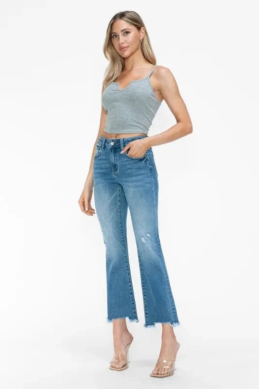 bytos Raw Hem Distressed Mid Rise Crop Jeans - Trendsi