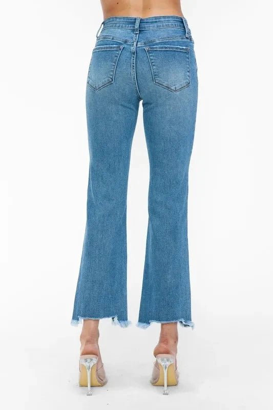 bytos Raw Hem Distressed Mid Rise Crop Jeans - Trendsi