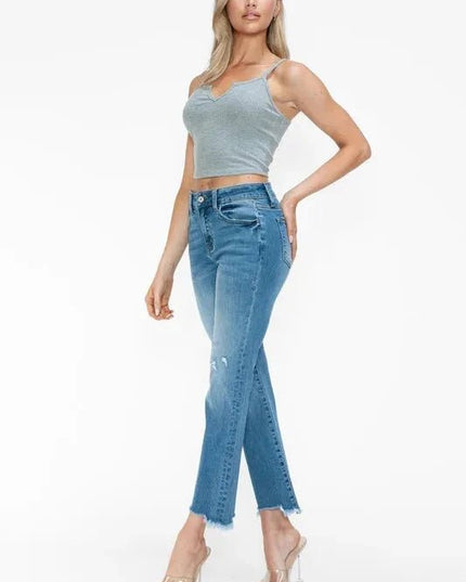 bytos Raw Hem Distressed Mid Rise Crop Jeans - Trendsi
