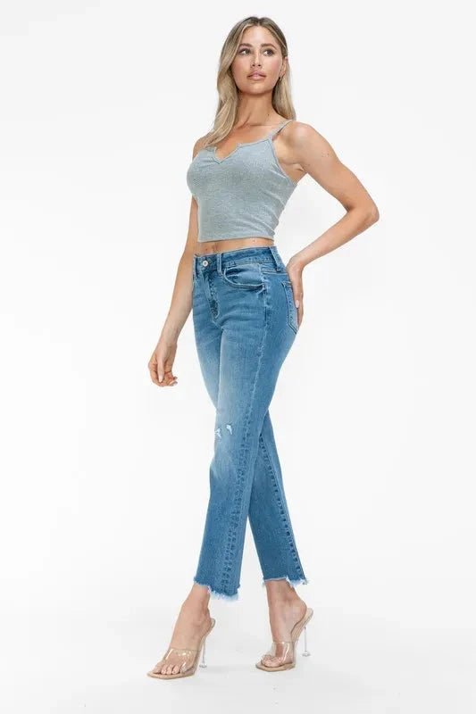 bytos Raw Hem Distressed Mid Rise Crop Jeans - Trendsi