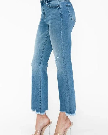 bytos Raw Hem Distressed Mid Rise Crop Jeans - Trendsi