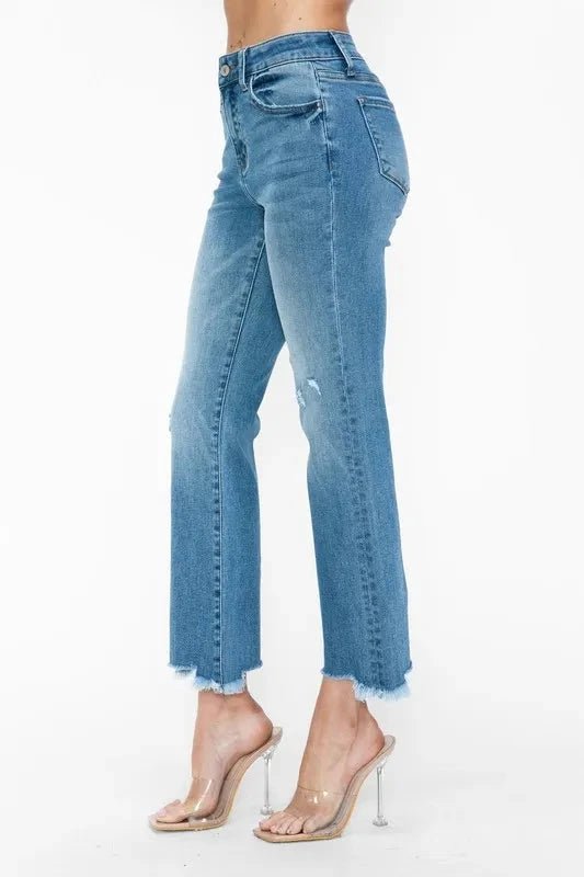 bytos Raw Hem Distressed Mid Rise Crop Jeans - Trendsi