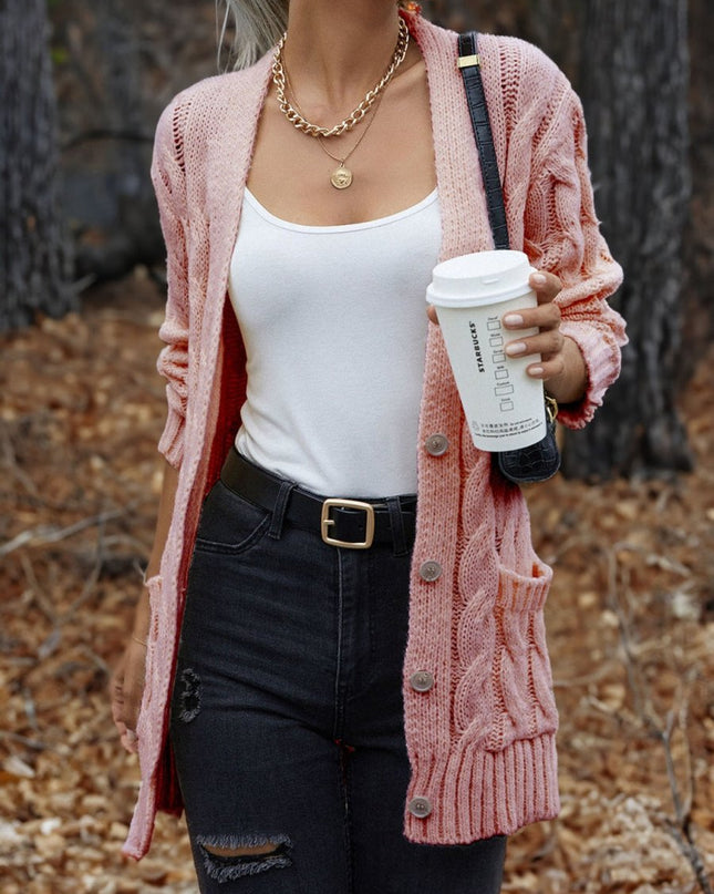 Cable - Knit Button Down Cardigan - Trendsi