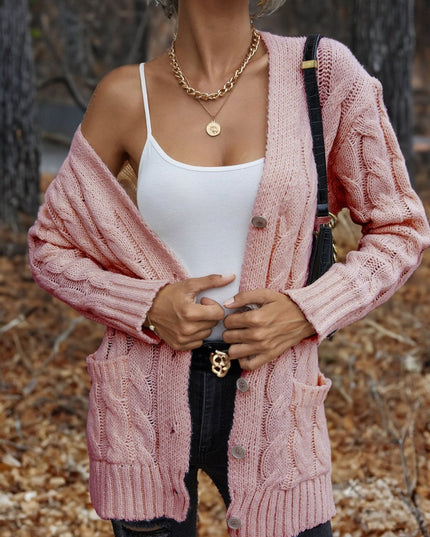 Cable - Knit Button Down Cardigan - Trendsi