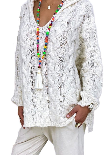 Cable - Knit Hooded Sweater - Trendsi