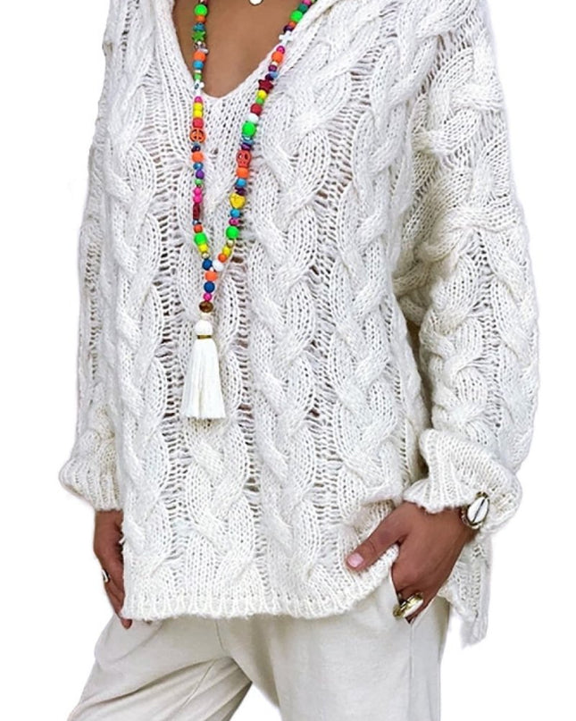 Cable - Knit Hooded Sweater - Trendsi