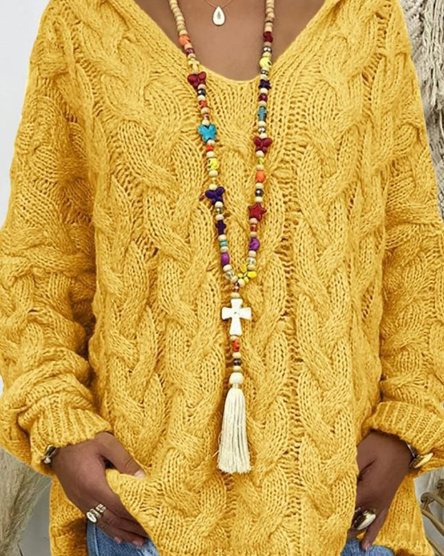 Cable - Knit Hooded Sweater - Trendsi