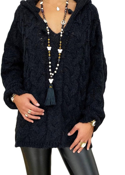 Cable - Knit Hooded Sweater - Trendsi