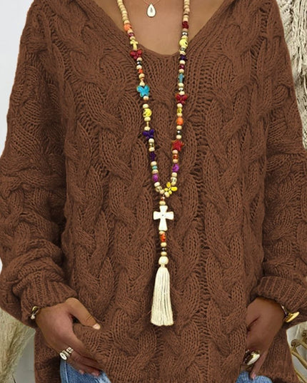 Cable - Knit Hooded Sweater - Trendsi