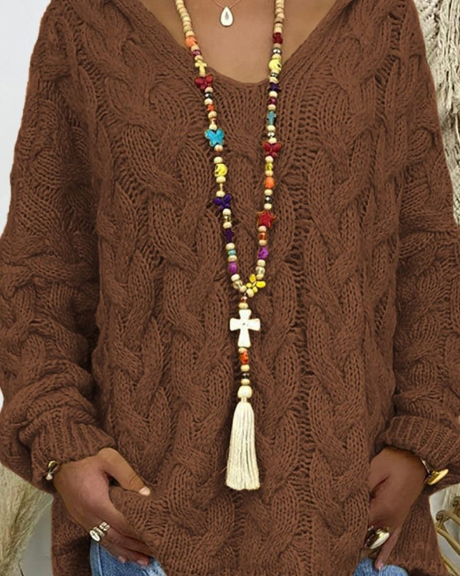 Cable - Knit Hooded Sweater - Trendsi