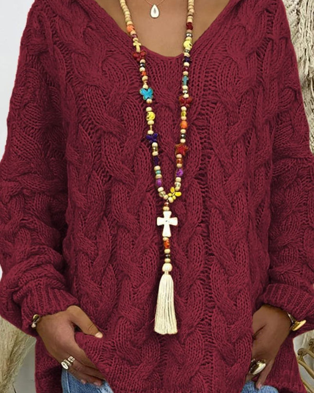 Cable - Knit Hooded Sweater - Trendsi