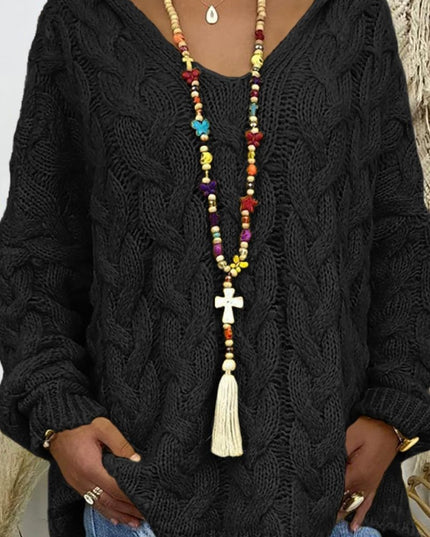 Cable - Knit Hooded Sweater - Trendsi