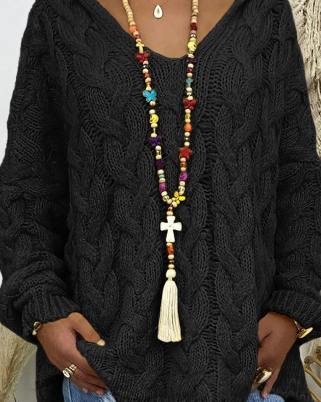 Cable - Knit Hooded Sweater - Trendsi