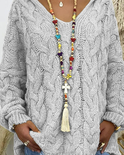 Cable - Knit Hooded Sweater - Trendsi