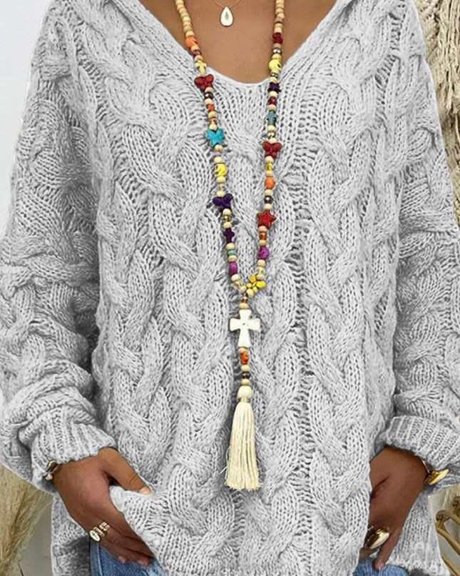 Cable - Knit Hooded Sweater - Trendsi