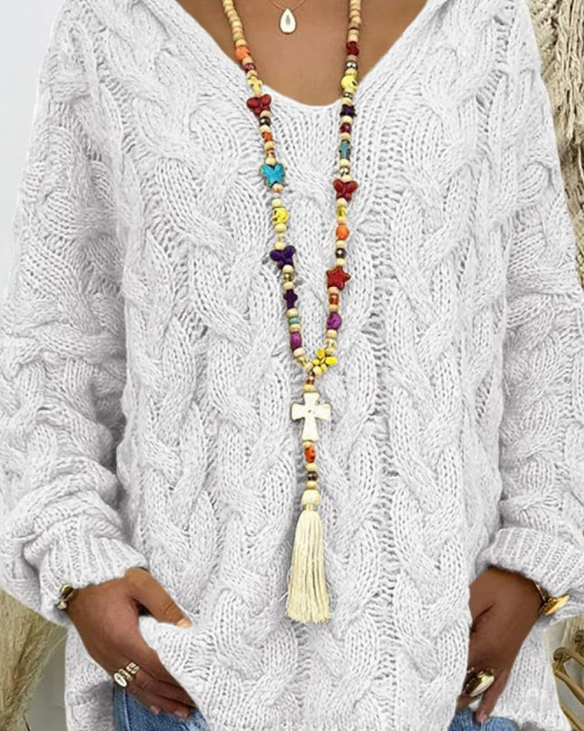 Cable - Knit Hooded Sweater - Trendsi