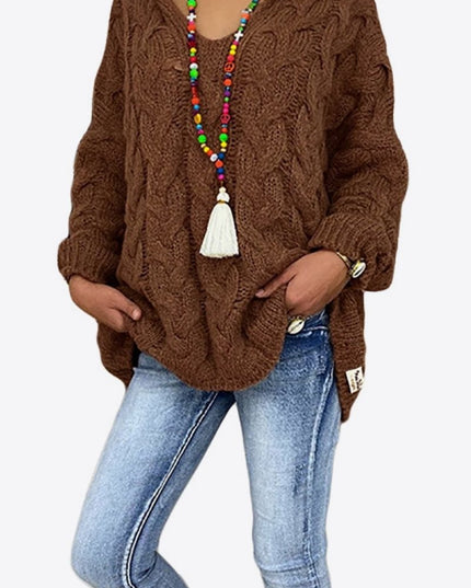 Cable - Knit Hooded Sweater - Trendsi