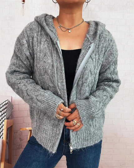 Cable Knit Hooded Zip - Up Cardigan - Trendsi