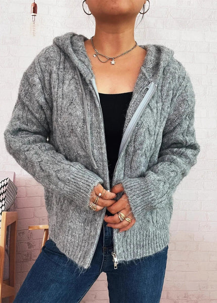 Cable Knit Hooded Zip - Up Cardigan - Trendsi