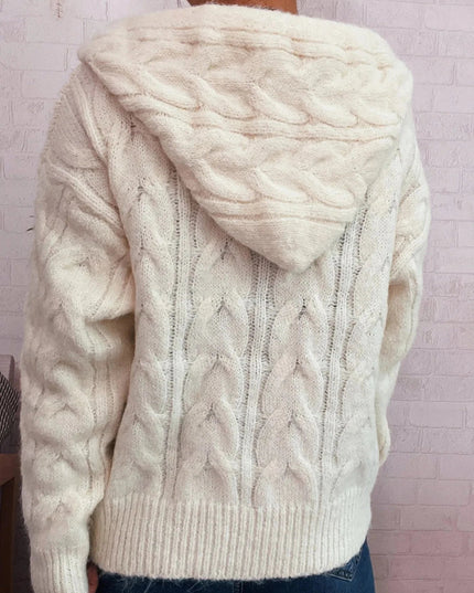 Cable Knit Hooded Zip - Up Cardigan - Trendsi