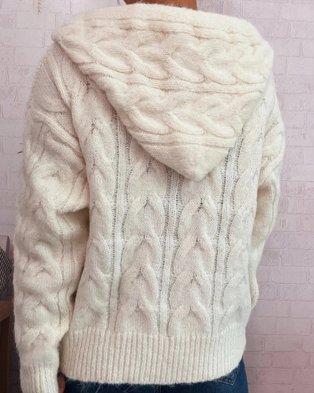 Cable Knit Hooded Zip - Up Cardigan - Trendsi