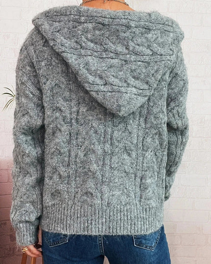 Cable Knit Hooded Zip - Up Cardigan - Trendsi