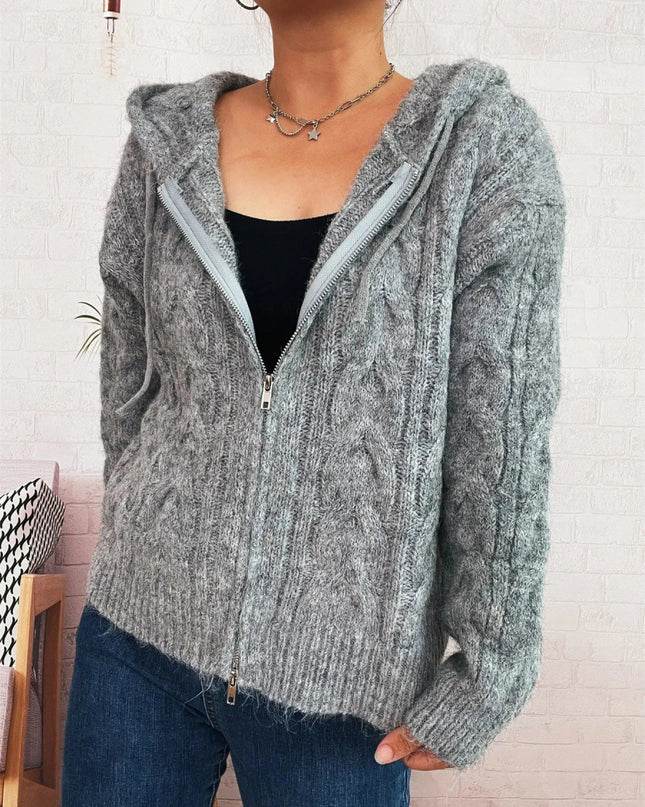 Cable Knit Hooded Zip - Up Cardigan - Trendsi