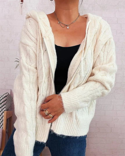 Cable Knit Hooded Zip - Up Cardigan - Trendsi